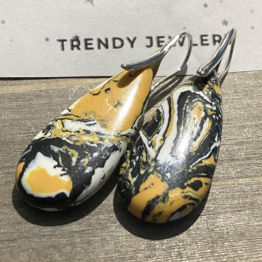 🐝Yellow Black &White Bumblebee Jasper Stone Waterdrop Earrings